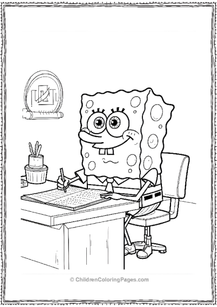 SpongeBob Sitting At His Desk Looking Focused Free PDF Printable