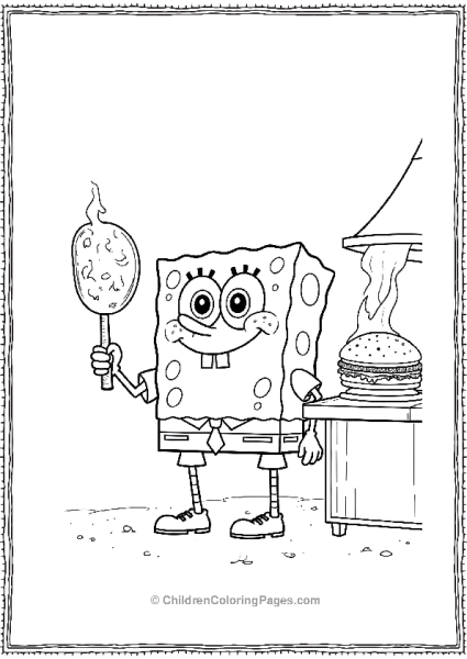 SpongeBob Standing At The Krusty Krab Grill Holding Free PDF Printable