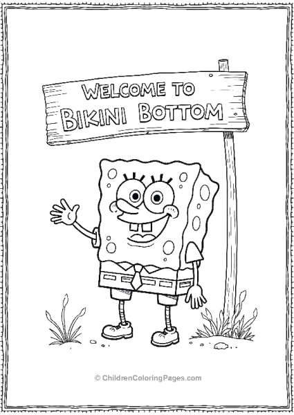 SpongeBob Standing Under The Welcome To Bikini Bottom Sign Free PDF Printable