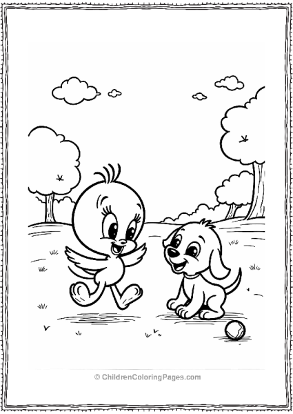 Tweety Bird And A Playful Puppy Playing Fetch In A Sunny Park Free PDF Printable