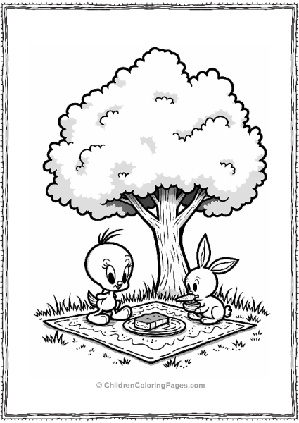 Tweety Bird And A Whimsical Rabbit Enjoying A Cozy Picnic Under A Large Stylized Tree Free PDF Printable