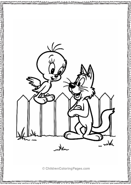 Tweety Bird And Sylvester A Cheerful Tweety Bird Perched On A Fence Playfully Teasing A Frustrated Sylvester Free PDF Printable