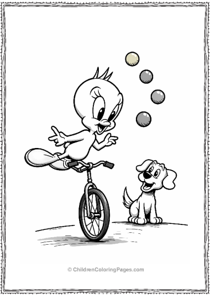 Tweety Bird Balancing On A Unicycle While Juggling Colorful Balls Free PDF Printable