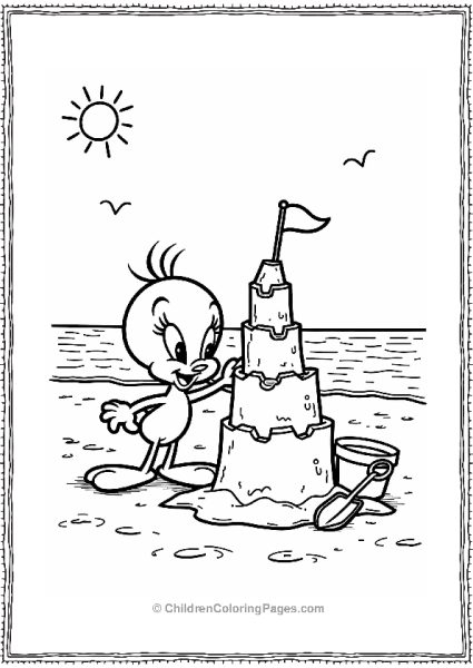 Tweety Bird Building A Sandcastle On A Sunny Beach Free PDF Printable