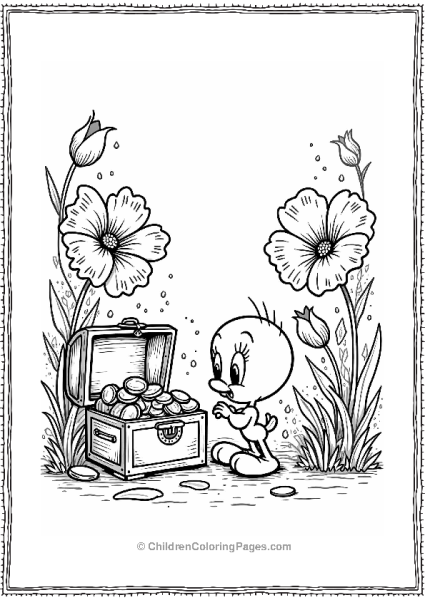 Tweety Bird Discovering A Sparkling Treasure Chest In An Enchanted Garden Free PDF Printable