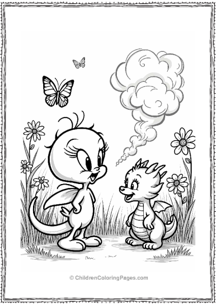 Tweety Bird Encountering A Friendly Dragon In A Magical Meadow Free PDF Printable