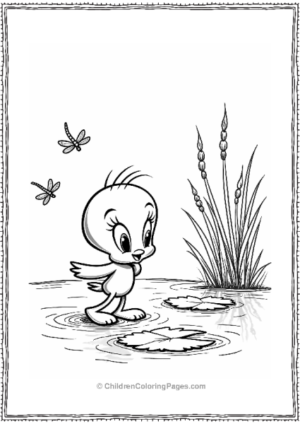 Tweety Bird Exploring A Serene Pond With Lily Pads And Dragonflies Free PDF Printable