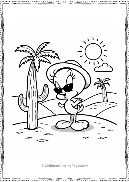 Tweety Bird Exploring Sandy Dunes On A Cactus Free PDF Printable