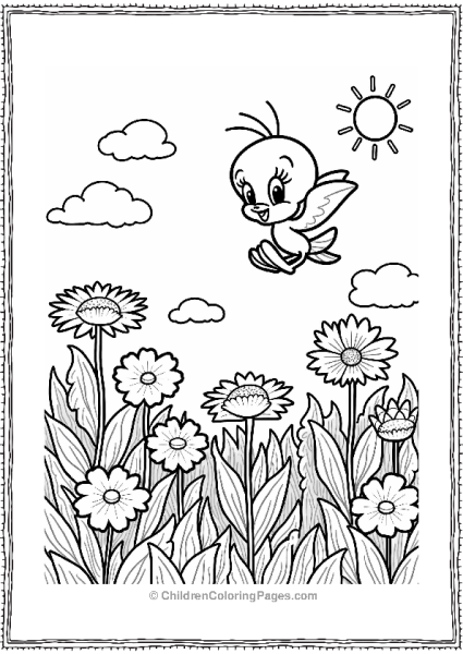 Tweety Bird Flying Above A Field Of Flowers Free PDF Printable