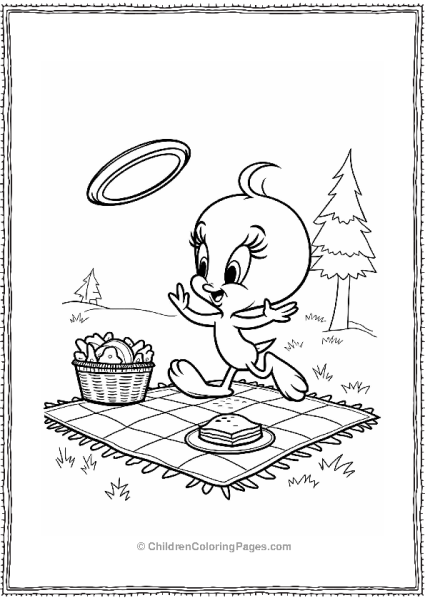 Tweety Bird Having Fun At A Picnic Playing Frisbee With Friends Free PDF Printable