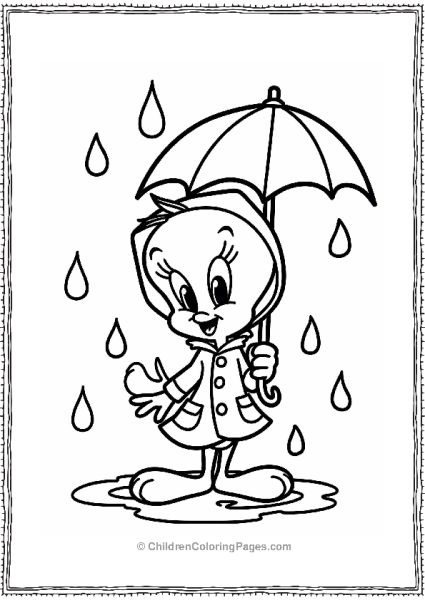 Tweety Bird In The Rain With Umbrella And Raincoat Free PDF Printable