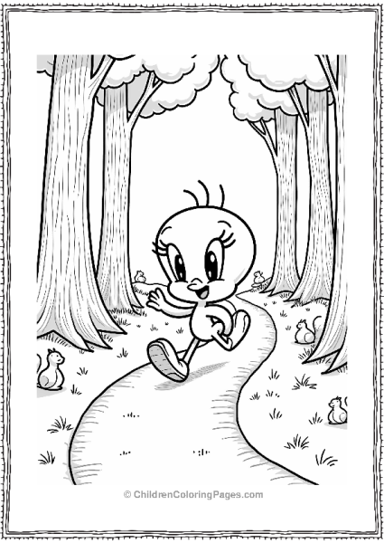 Tweety Bird Joyfully Hopping On A Winding Path Through A Sunny Forest Free PDF Printable