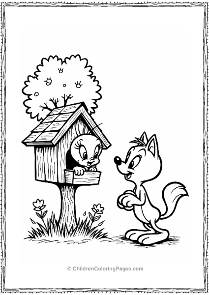 Tweety Bird Peeking From A Birdhouse With Sylvester The Cat Trying To Get Him Free PDF Printable