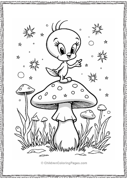 Tweety Bird Perched On A Sparkling Mushroom In A Whimsical Forest Free PDF Printable