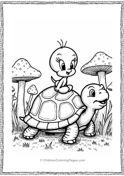 Tweety Bird Riding On A Turtle Through A White Forest Free PDF Printable