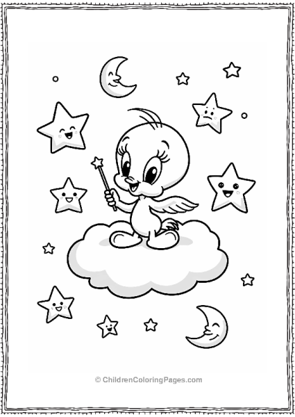 Tweety Bird Sitting On A Fluffy Cloud With A Wand And Playful Cartoon Characters Free PDF Printable