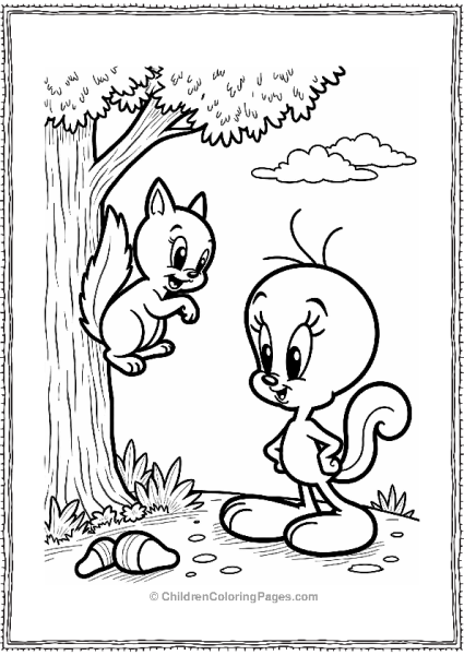 Tweety Bird Watching A Playful Squirrel Climbing A Tree Surrounded By Acorns Free PDF Printable