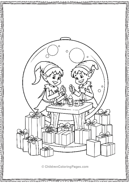 Two Cheerful Elves Building Toys Featuring A Snow Globe Free PDF Printable