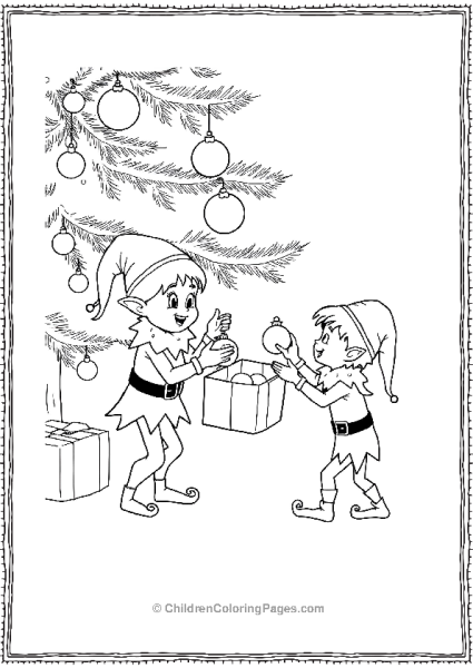 Two Elves Working Together Passing Ornaments Free PDF Printable