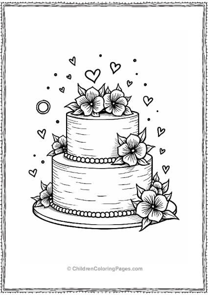 Wedding Cake With Flowers And Hearts Free PDF Printable