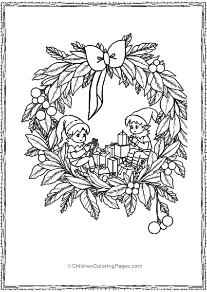 Wreath With Elves Working On Gifts Free PDF Printable