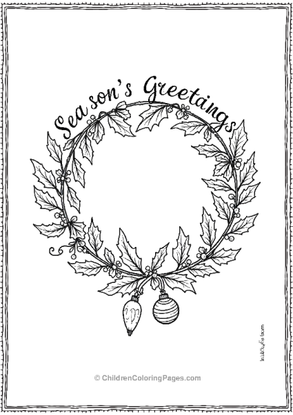 Wreath With Seasons Greetings And Ornaments Free PDF Printable