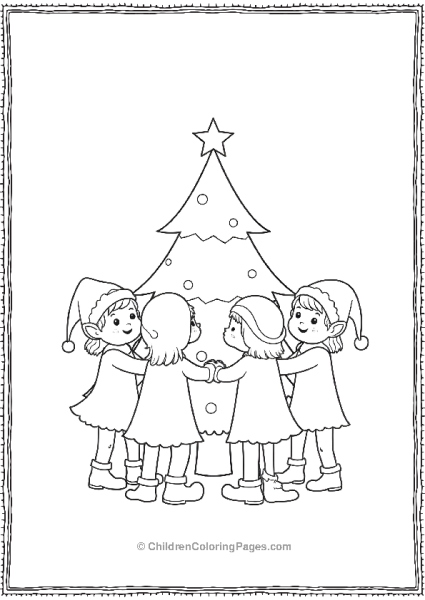 A Group OF Elves Holding Hands Around The Christmas Tree At The North Pole Free PDF Printable