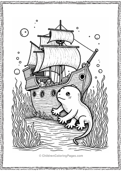 Axolotl Exploring A Sunken Ship Free PDF Printable