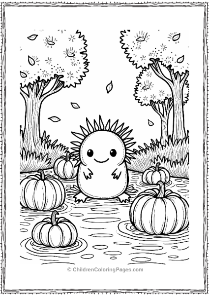 Axolotl Swimming Among Autumn Pumpkins Free PDF Printable