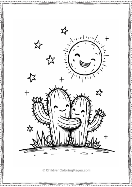 Cacti Hugging Under A Smiling Moon Free PDF Printable