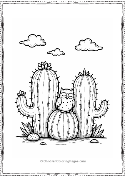 Cactus Family With A Sleeping Owl Free PDF Printable