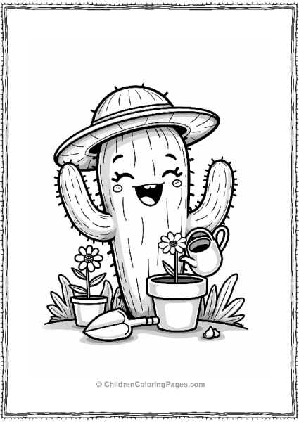 Cactus Gardener Watering A Flower Free PDF Printable