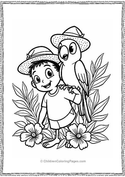 Cartoon Parrot With Character In Tropical Setting Free PDF Printable