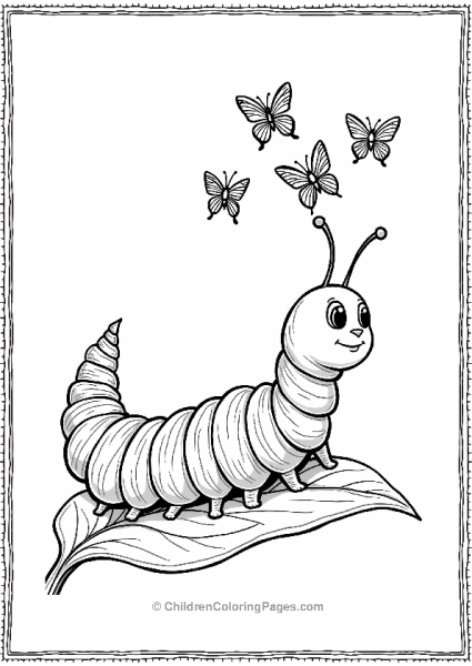 Caterpillar On A Leaf With Butterflies Free PDF Printable