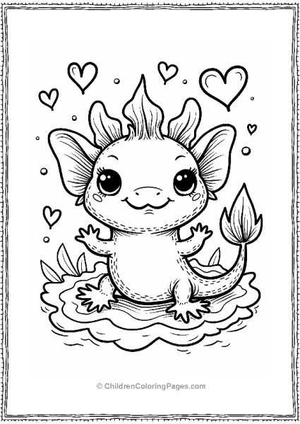 Cheerful Axolotl With Abstract Waves And Hearts Free PDF Printable