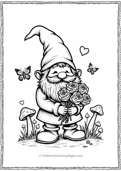 Cheerful Gnome With Roses In A Garden Free PDF Printable