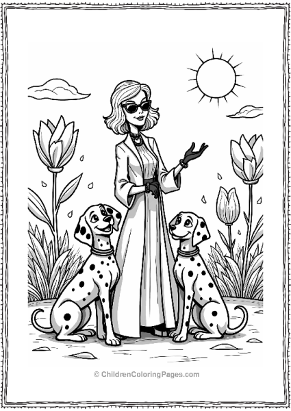 Cruella De Vil With Her Dalmatians In The Park Free PDF Printable