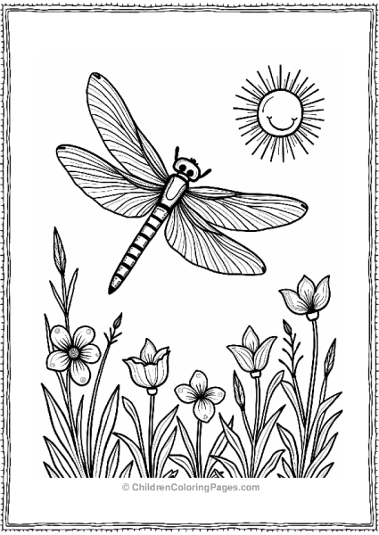 Dragonfly Over Colorful Flowers Free PDF Printable