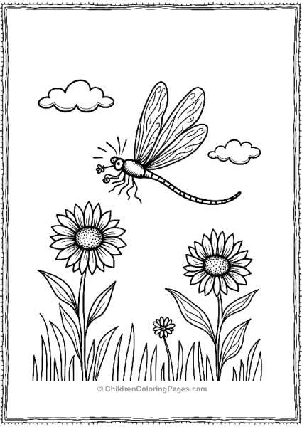 Dragonfly With Flower Among Sunflowers Free PDF Printable