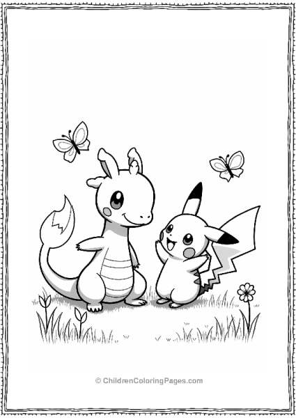 Dragonite And Pikachu Playing In A Field Free PDF Printable