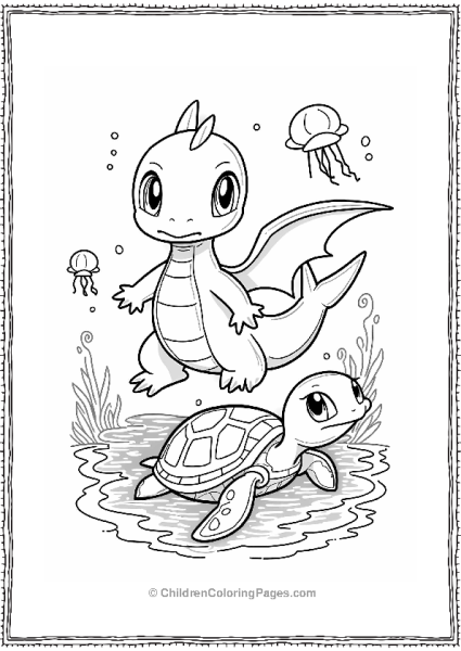 Dragonite Swimming With A Sea Turtle Free PDF Printable