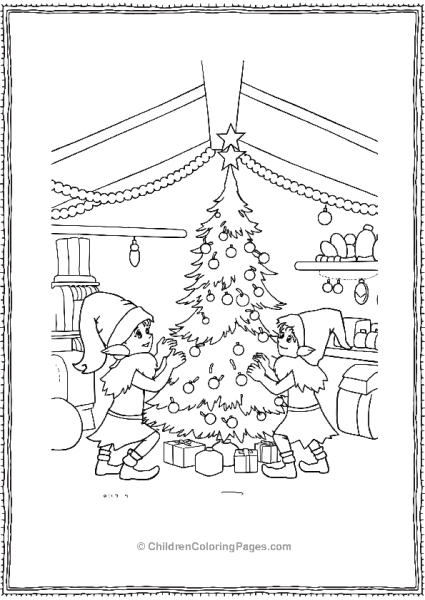 Elves Decorating A Tree At The North Pole Free PDF Printable