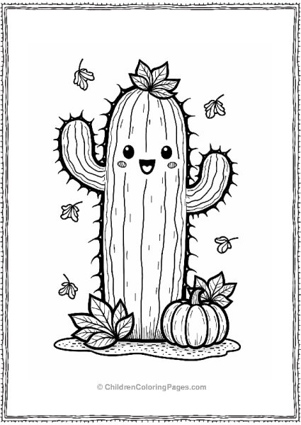 Fall Cactus With Leaves And Pumpkin Free PDF Printable