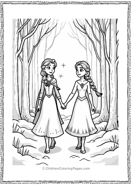 Frozen Anna And Elsa In A Snowy Forest Free PDF Printable