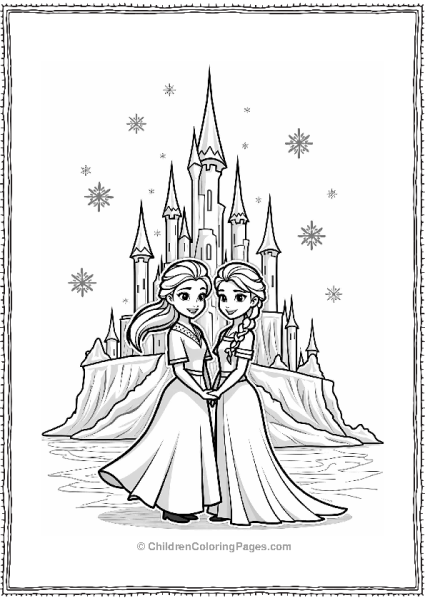 Frozen Elsa And Anna In Front Of The Ice Castle Free PDF Printable