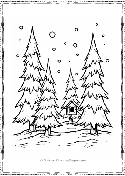 Frozen Frosty Pine Trees With Birdhouse Free PDF Printable