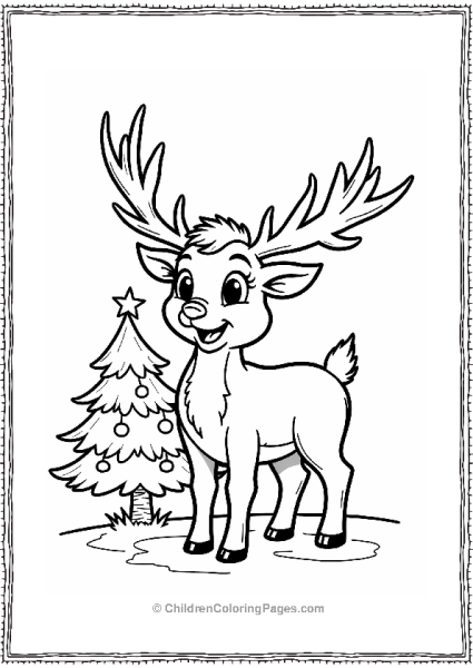 Frozen Playful Reindeer By A Decorated Pine Tree Free PDF Printable