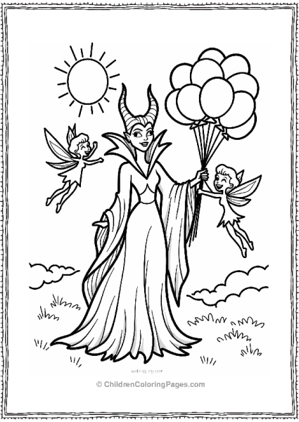 Maleficent With Fairies And Balloons Free PDF Printable