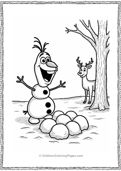 Olaf Gathering Snowballs In A Snowy Clearing Free PDF Printable