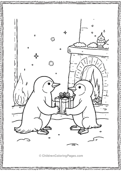 Penguin Family Around A Glowing Fireplace Free PDF Printable